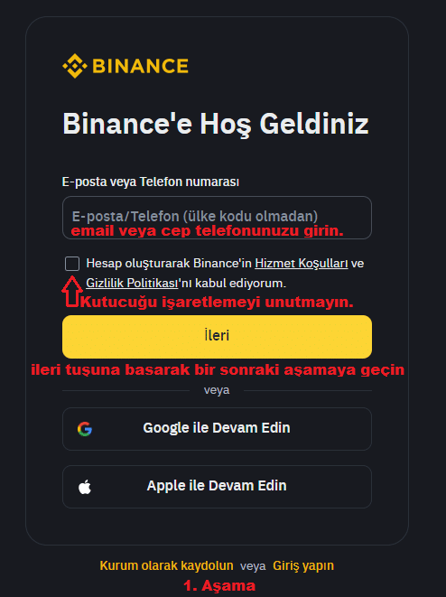 Binance Üyelik Formu Doldurma Ekranı İlk Aşama