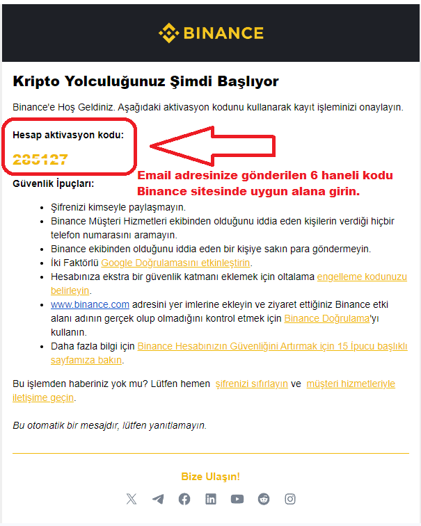 Binance hesap aktivasyon kodu ekranı